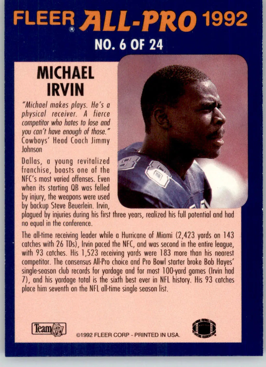 Michael Irvin - 1992 Fleer - #6 - Fleer All-Pro 1992 Football