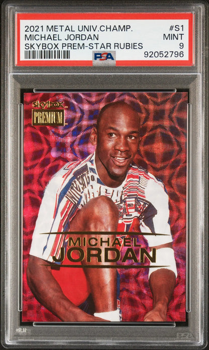 PSA-graded 2021 Upper Deck Metal Universe Star Rubies basketball card with red-black swirl