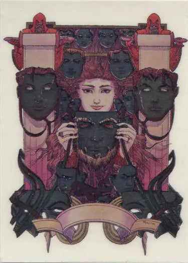 Surreal artwork of a central figure amidst dark faces in Michael Kaluta’s Metallic Storm Chase