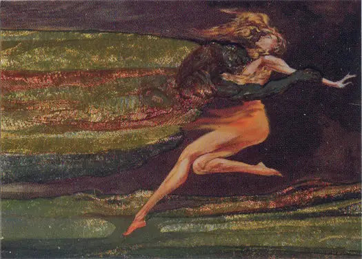 Nude figure in motion with colorful background on Metallic Storm Chase Card by Michael Kaluta