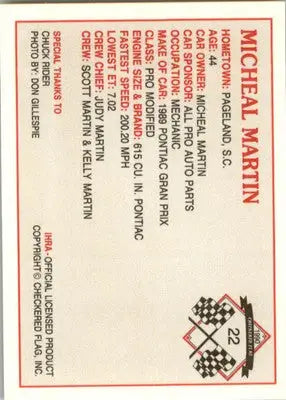 Michael Martin - 1990 Checkered Flag IHRA - #22 - Racing - Racing Card Single
