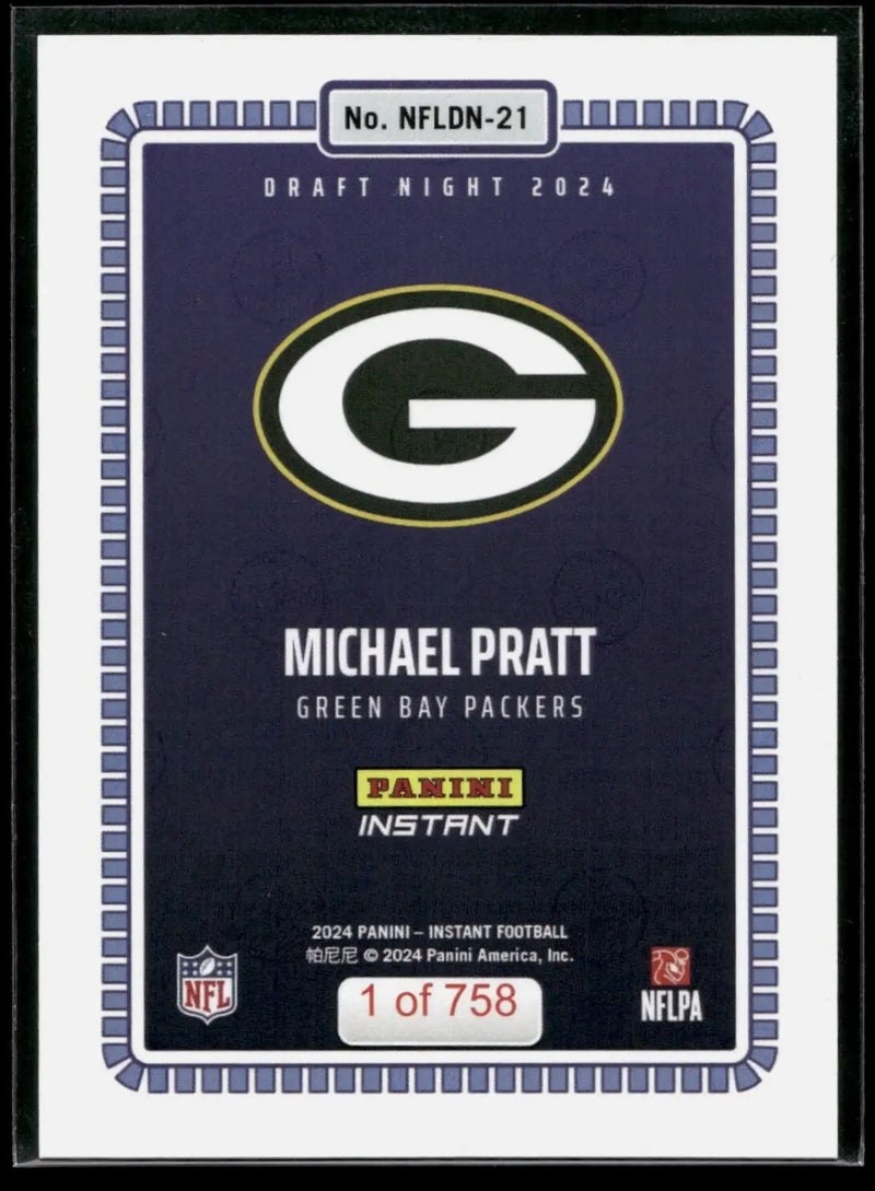 Michael Pratt 2024 Panini NFL #21 Draft Night Rookie Football Card 1 of 758