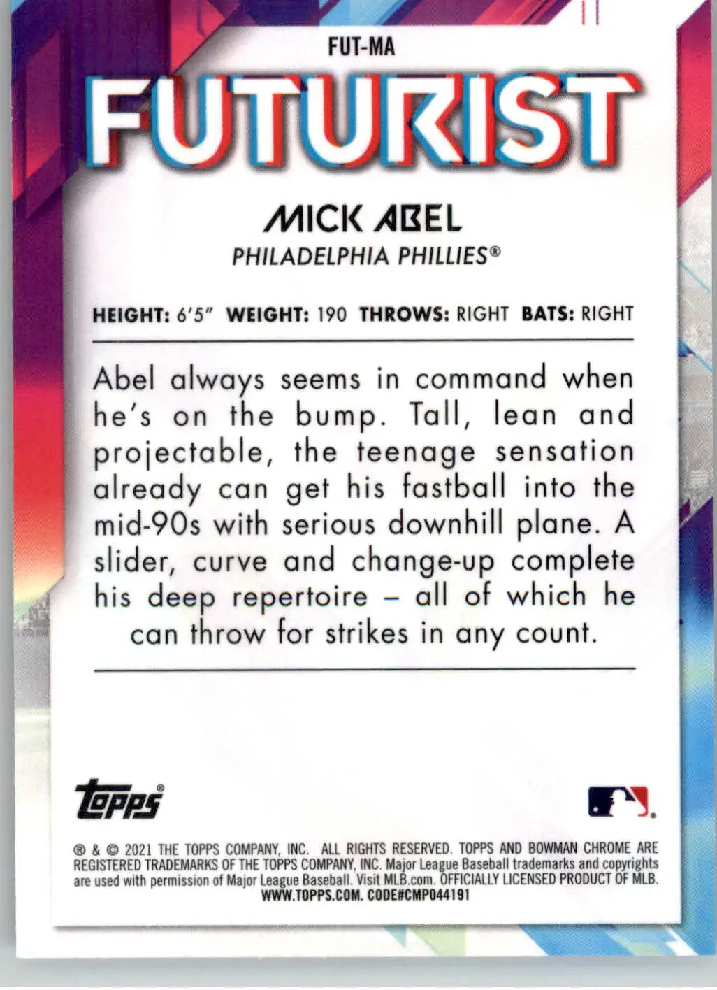 Mick Abel - 2021 Bowman - #FUT-MA - Chrome Futurist Baseball - Baseball Card Single