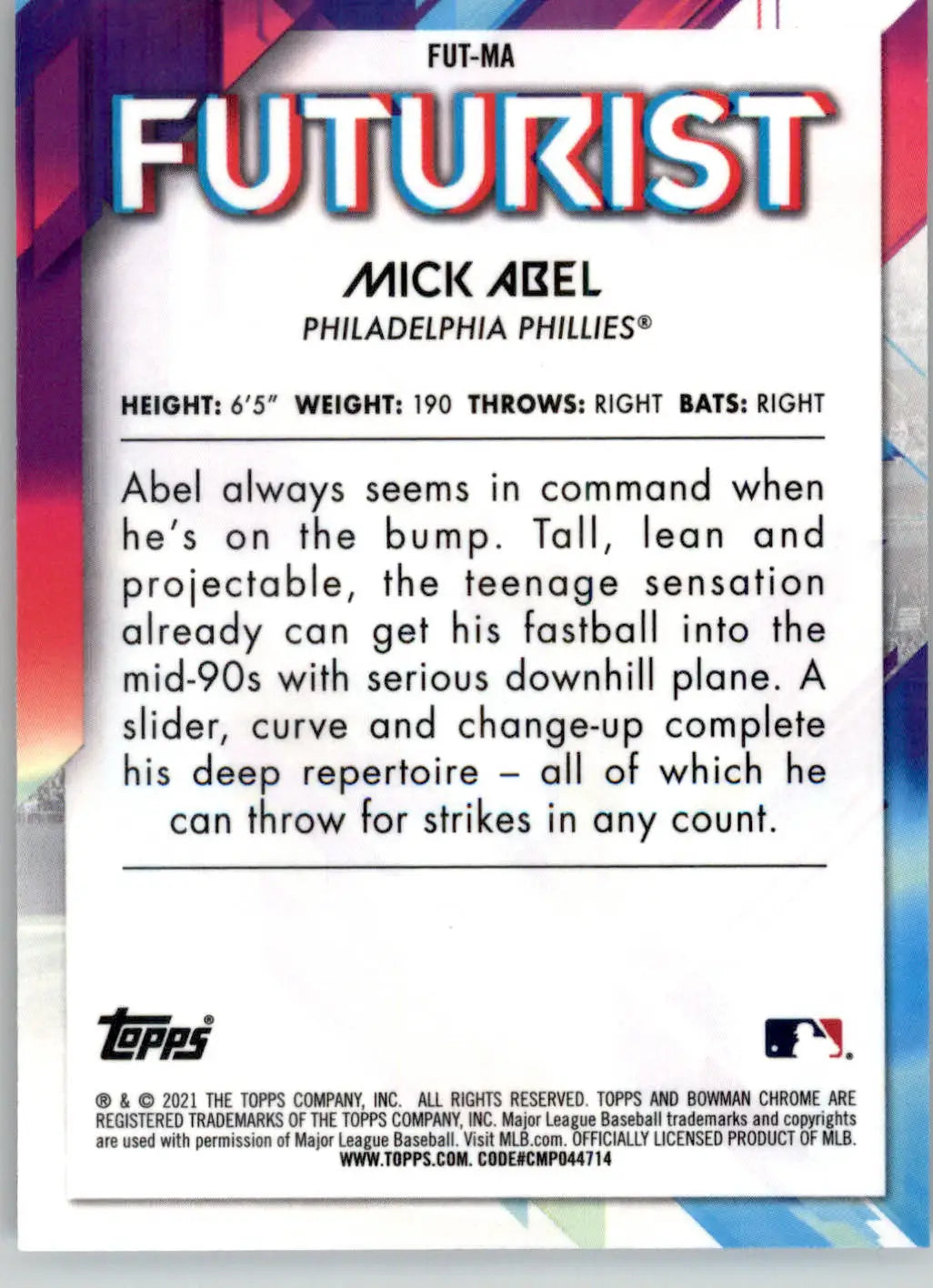 Mick Abel - 2021 Bowman - #FUT-MA - Chrome Futurist Mojo Refractor Baseball - Baseball Card Single