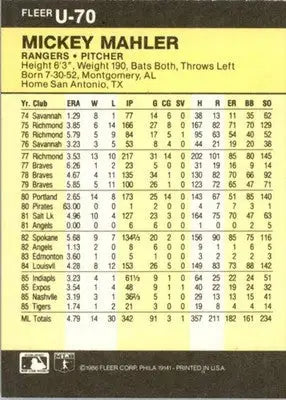 Mickey Mahler - 1986 Fleer Update - #U-70 - Baseball - Baseball Card Single
