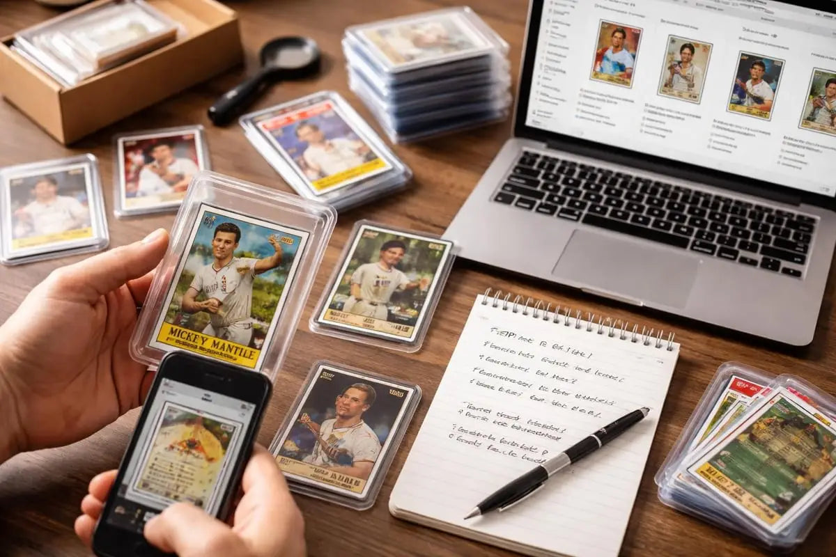 mickey mantle baseball card in a clear protective case featuring a vintage yellow and green design with black text used to sell baseball cards in a complete 2026 guide