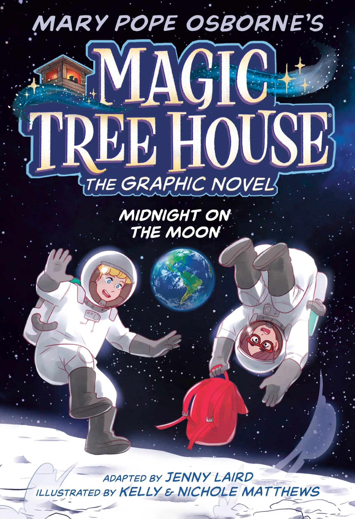 Moon graphic novel cover featuring two astronauts on the Moon with Earth in the background