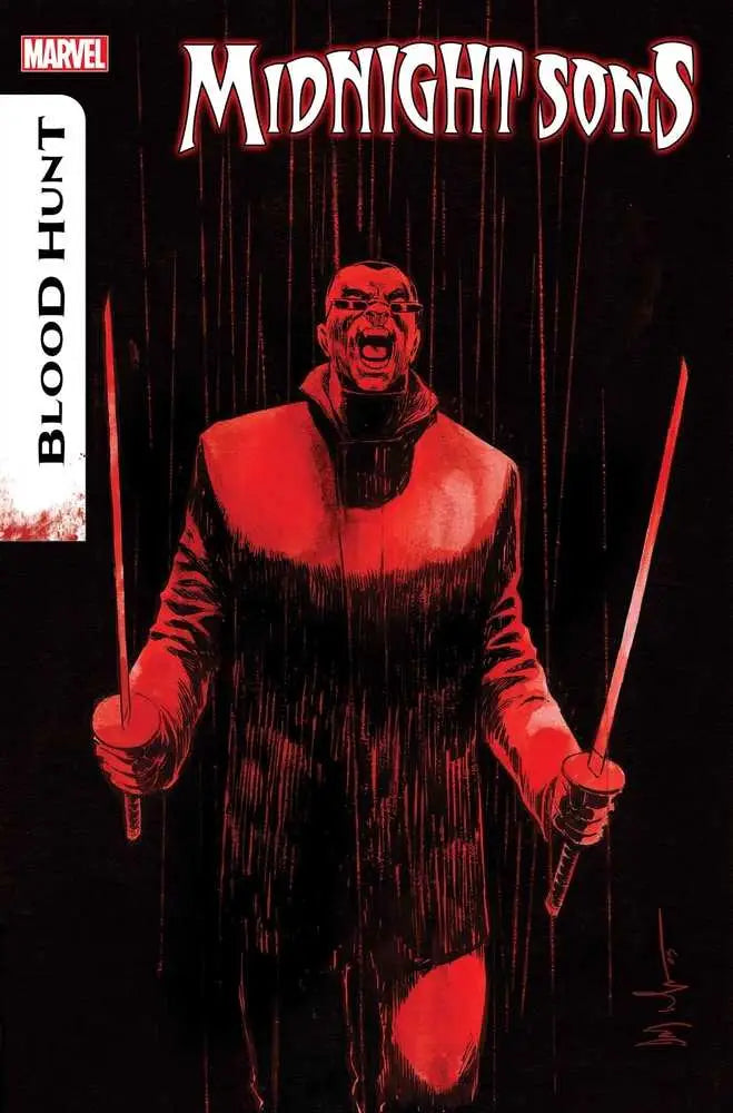 Red-cloaked figure with dual swords in Midnight Sons Blood Hunt trading cards variant