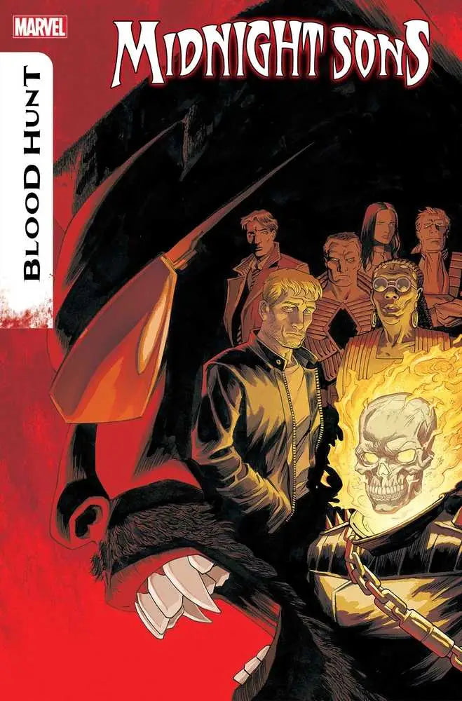 Comic book cover for Midnight Sons Blood Hunt showcasing fiery characters on a red backdrop