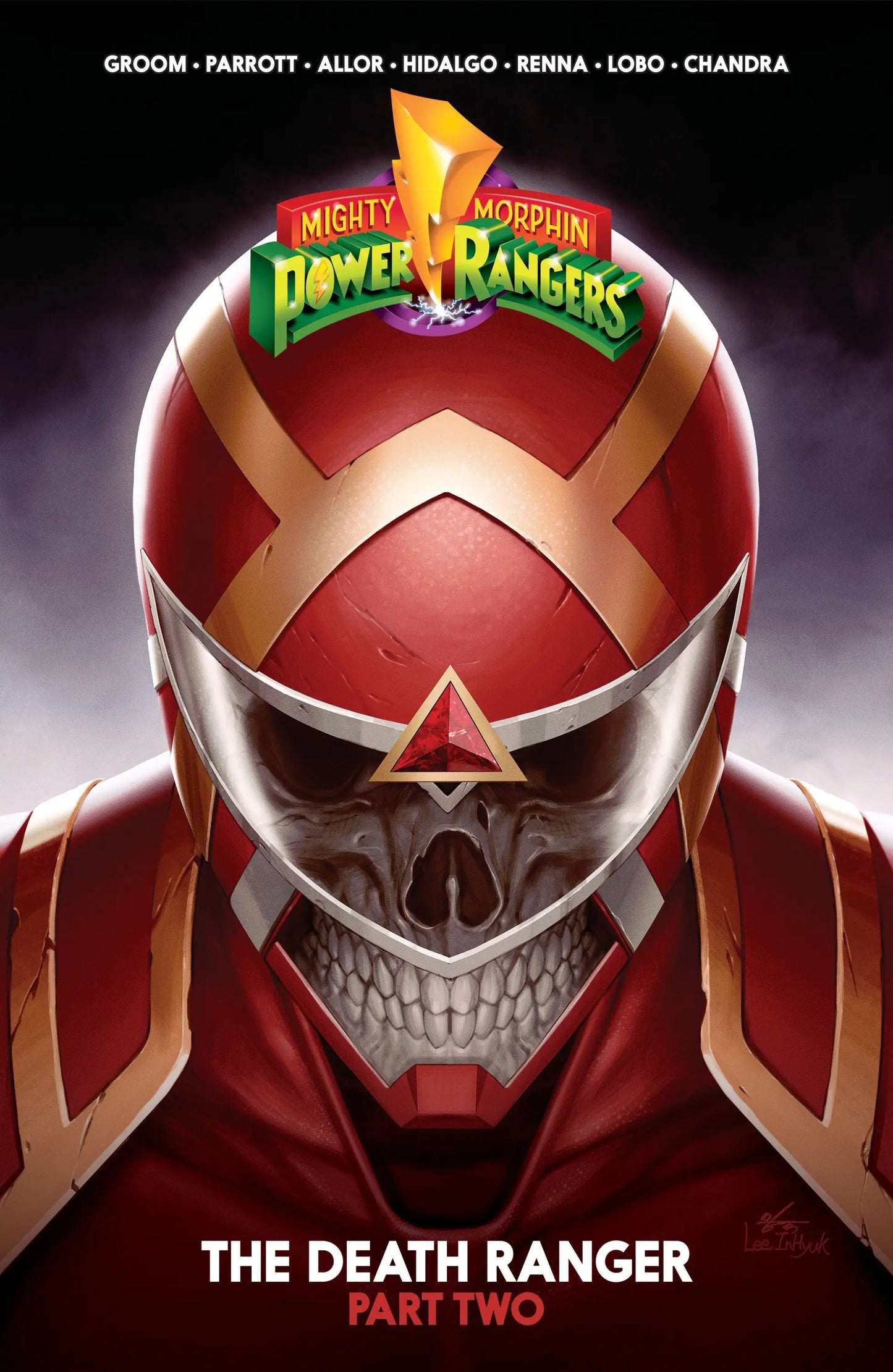Red and gold Power Ranger helmet with skull face from Mighty Morphin Power Rangers Death Ranger II softcover