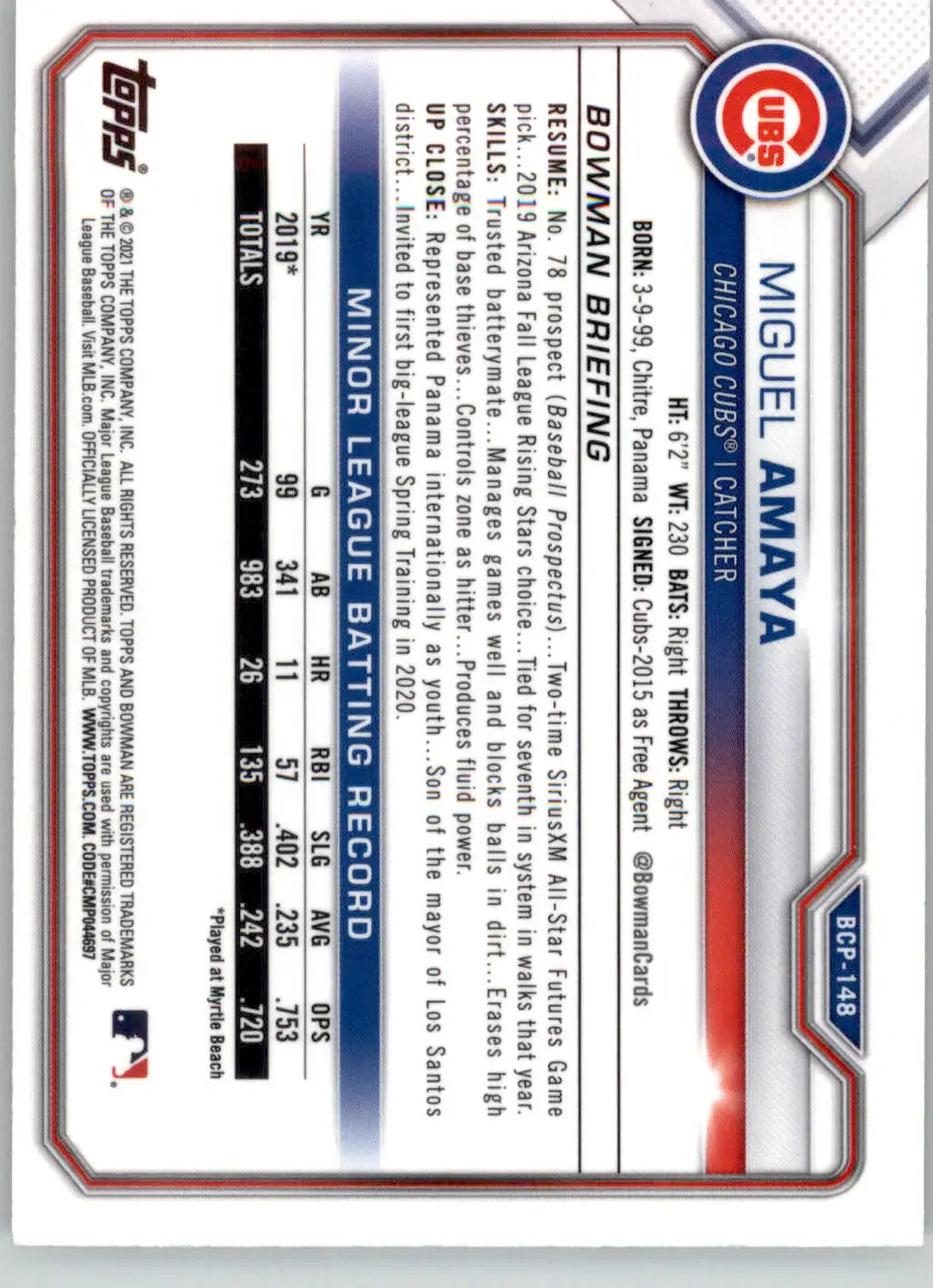 Miguel Amaya - 2021 Bowman - #BCP-148 - Chrome Prospects Mojo Refractor Baseball