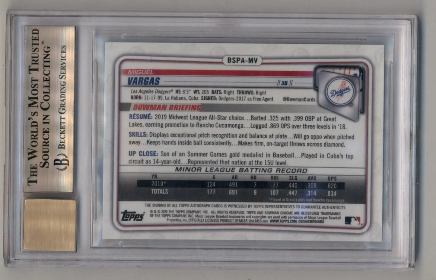 Miguel Vargas 2020 Bowman Chrome Sapphire Prospect Auto BGS 9.5 Gem Mint Auto 10 - Baseball Card Single