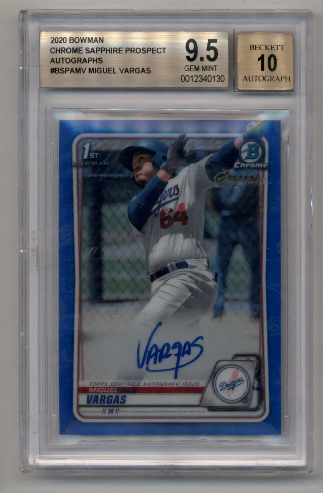 Miguel Vargas 2020 Bowman Chrome Sapphire Prospect Auto BGS 9.5 Gem Mint Auto 10 - Baseball Card Single