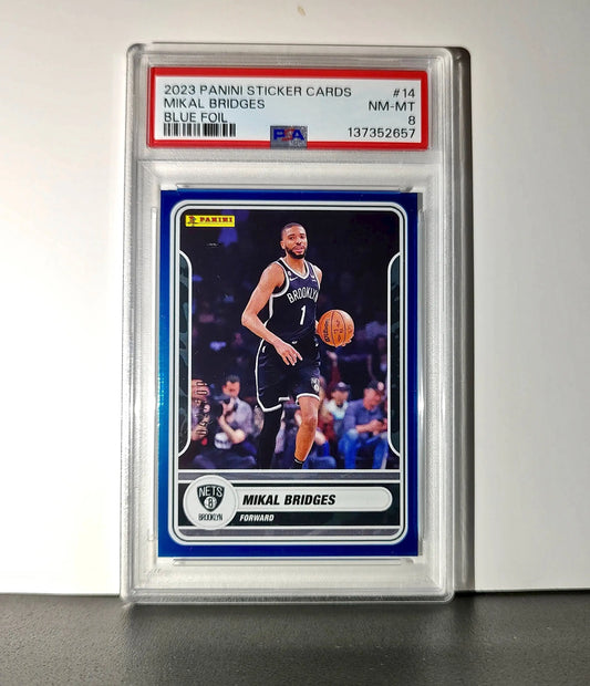Mikal Bridges 2023-24 Panini Sticker Cards #14 042/200 Blue Foil PSA 8 NM-MT - Basketball Card Single