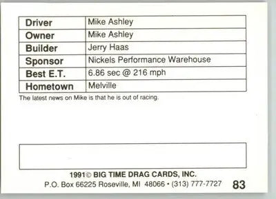 Mike Ashley - 1991 Big Time Drag - #83 - Racing - Racing Card Single