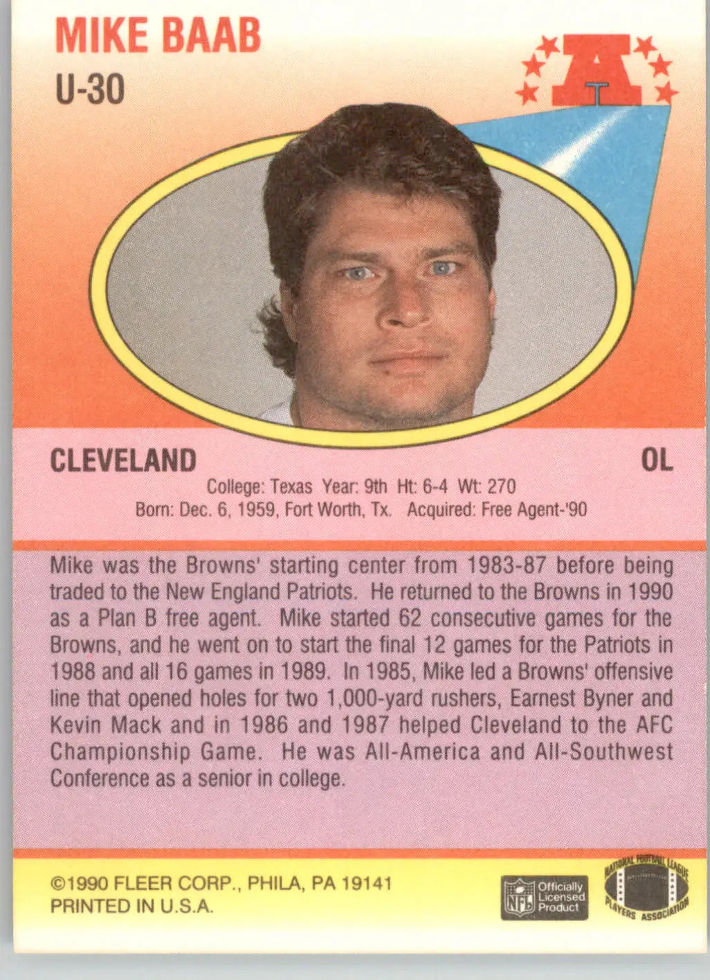 Mike Baab - 1990 Fleer Update - #U-30 - Football