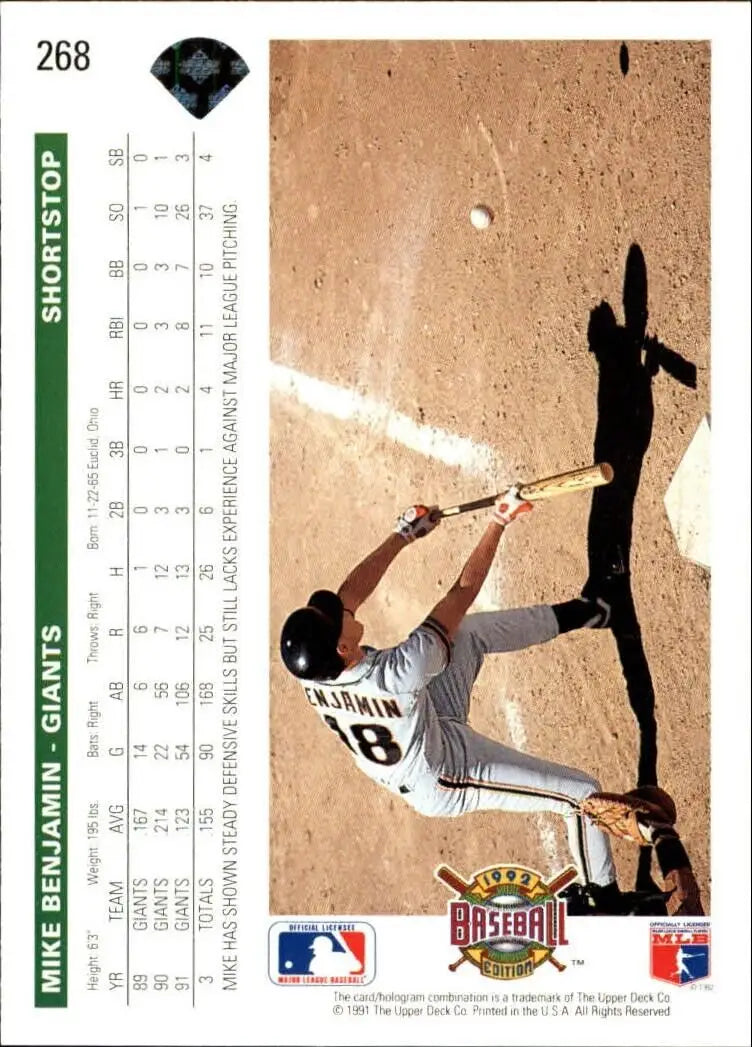 Mike Benjamin 1992 Upper Deck MLB #268 Baseball Card San Francisco Giants - Baseball Card Single