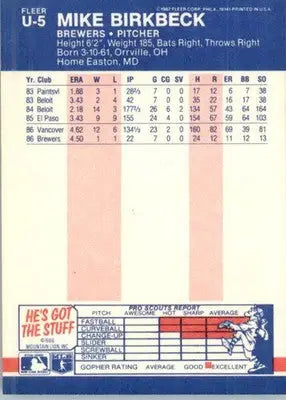 Mike Birkbeck - 1987 Fleer Update - #U-5 - Baseball - Baseball Card Single