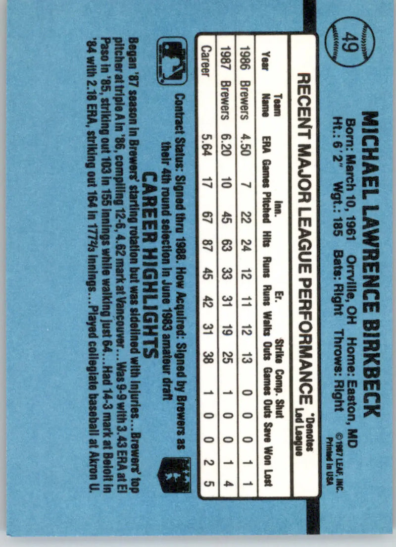 Mike Birkbeck - 1988 Donruss - #49 - Baseball
