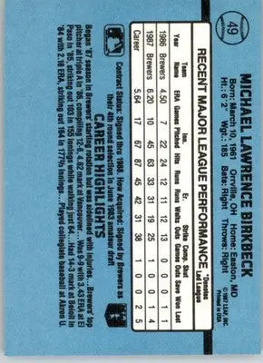Mike Birkbeck - 1988 Donruss - #49 - Baseball - Baseball Card Single