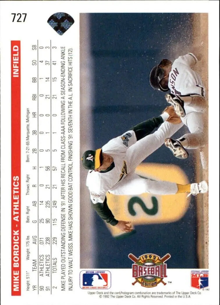 Mike Bordick 1992 Upper Deck MLB #727 Baseball Card Oakland Athletics