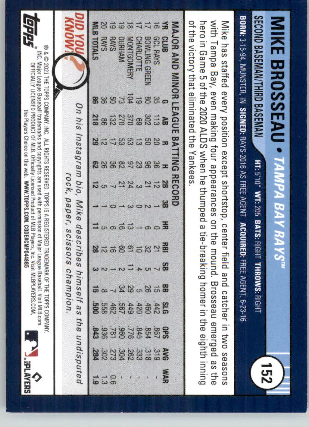 Mike Brosseau - 2021 Topps Big League - #152 - Baseball - Baseball Card Single