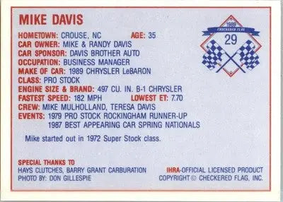 Mike Davis - 1989 Checkered Flag IHRA - #29 - Racing - Racing Card Single