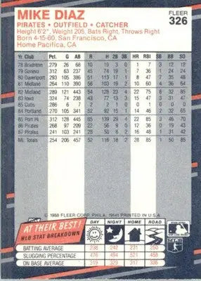 Mike Diaz - 1988 Fleer - #326 - Baseball - Baseball Card Single