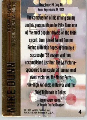 Mike Dunn - 1994 Action Packed NHRA - #4 - Racing - Racing Card Single