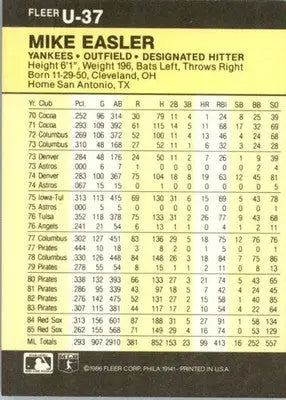Mike Easler - 1986 Fleer Update - #U-37 - Baseball - Baseball Card Single