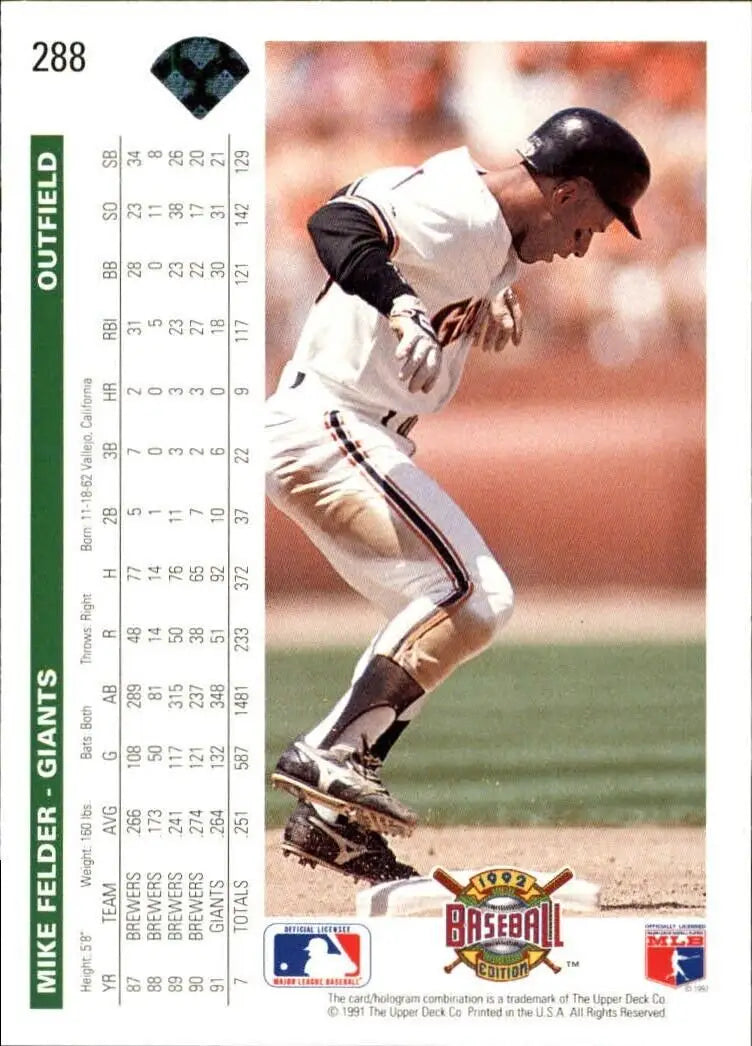 Mike Felder 1992 Upper Deck MLB #288 Baseball Card San Francisco Giants - Baseball Card Single
