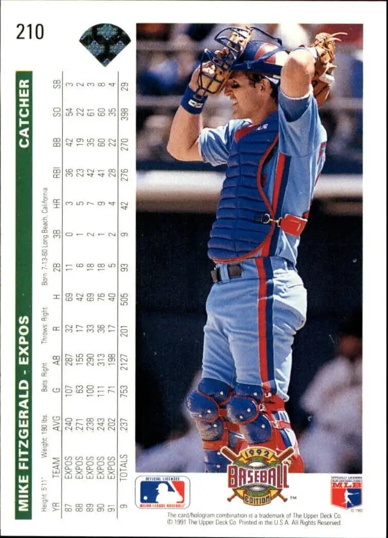 Mike Fitzgerald 1992 Upper Deck MLB #210 Baseball Card Montreal Expos