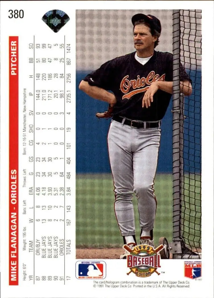 Mike Flanagan 1992 Upper Deck MLB #380 Baseball Card Baltimore Orioles