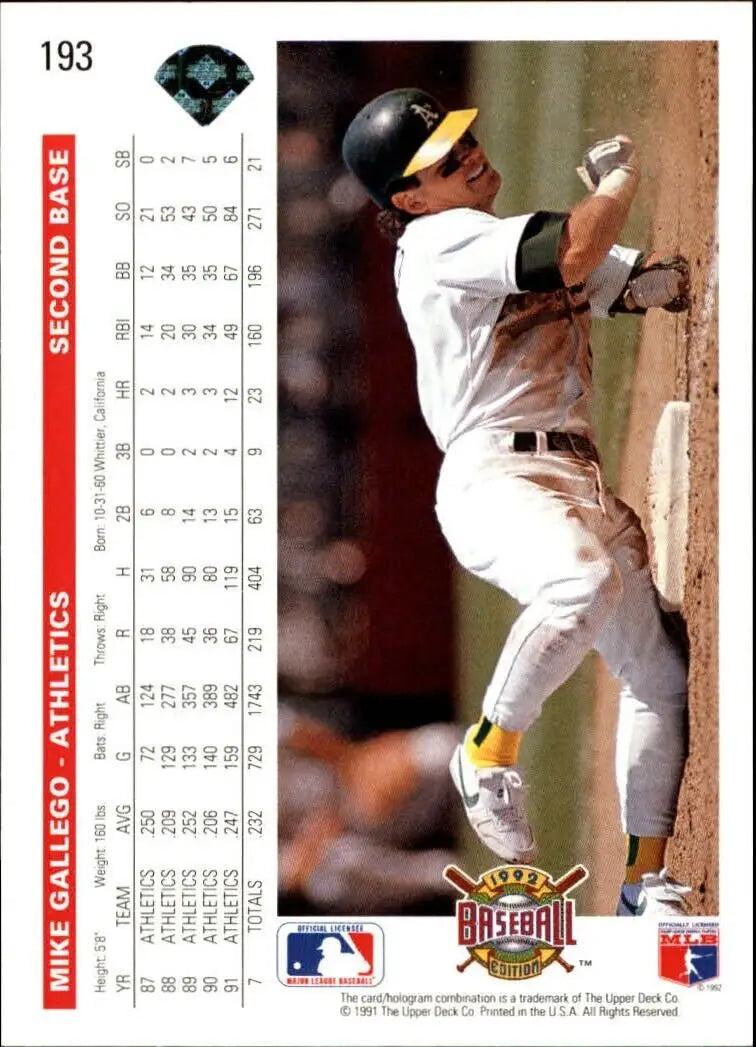 Mike Gallego 1992 Upper Deck MLB #193 Baseball Card Oakland Athletics - Baseball Card Single