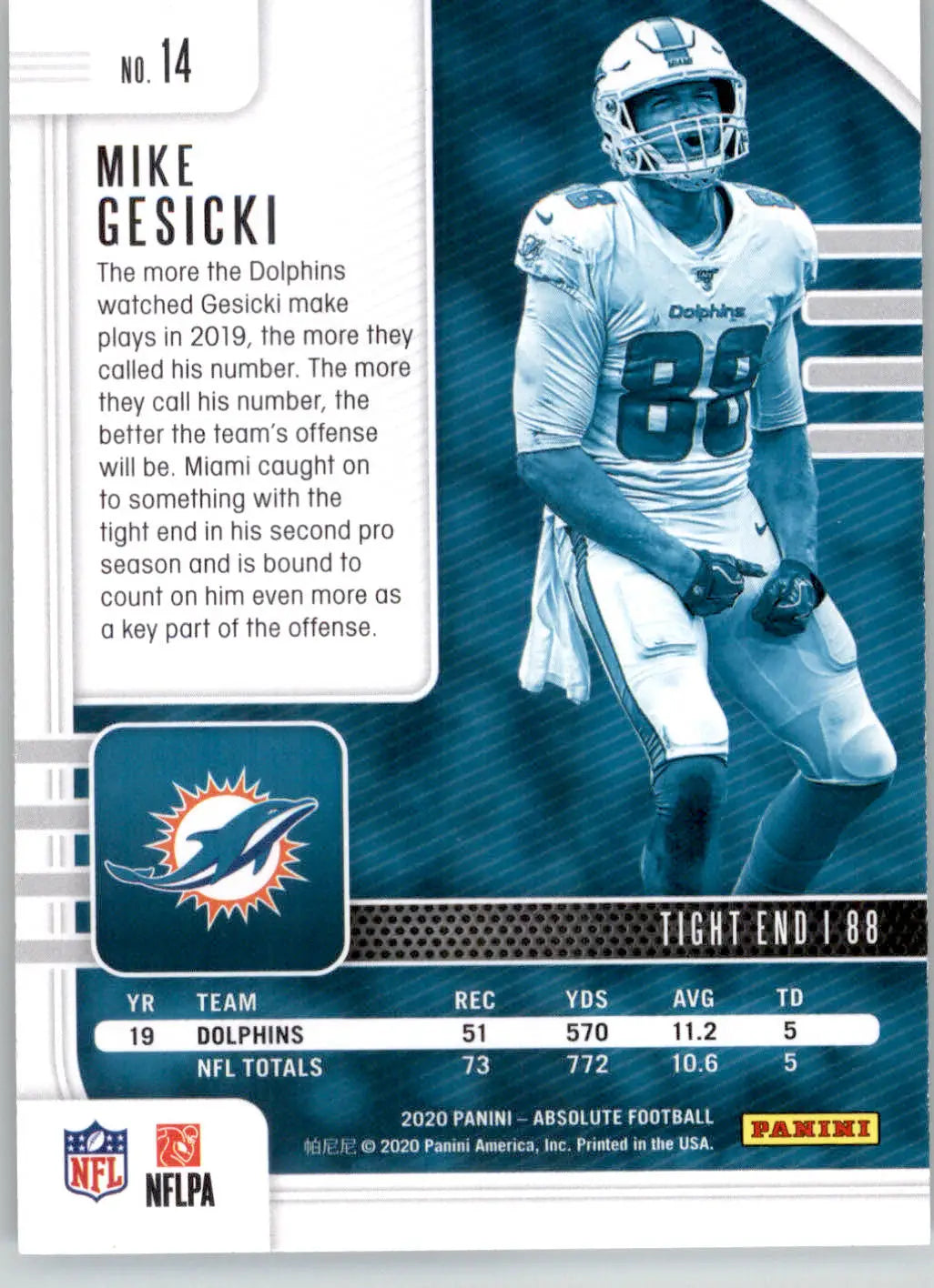 Mike Gesicki - 2020 Panini Absolute - #14 - Red Football - Football Card Single