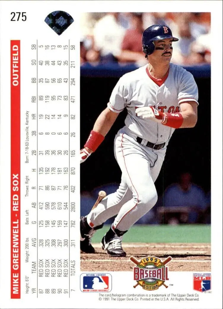 Mike Greenwell 1992 Upper Deck MLB #275 Baseball Card Boston Red Sox
