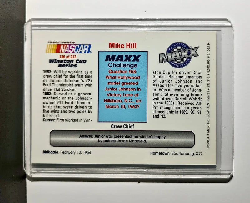 Mike Hill 1993 Maxx Premier Plus Racing #136 NASCAR Card Junior Johnson