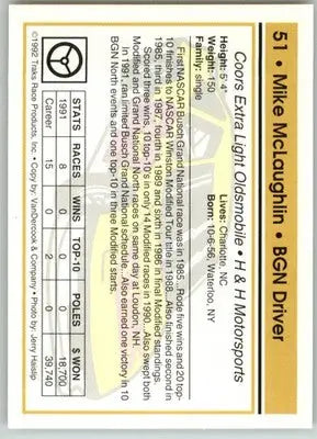 Mike McLaughlin - 1992 Traks - #51 - Racing - Racing Card Single