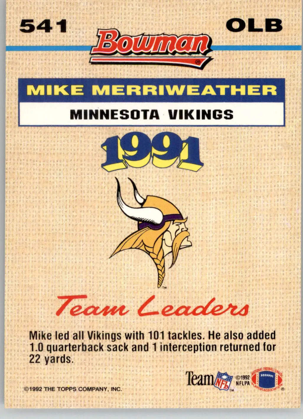 Mike Merriweather - 1992 Bowman - #541 - Football