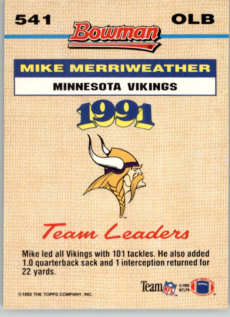 Mike Merriweather - 1992 Bowman - #541 - Football