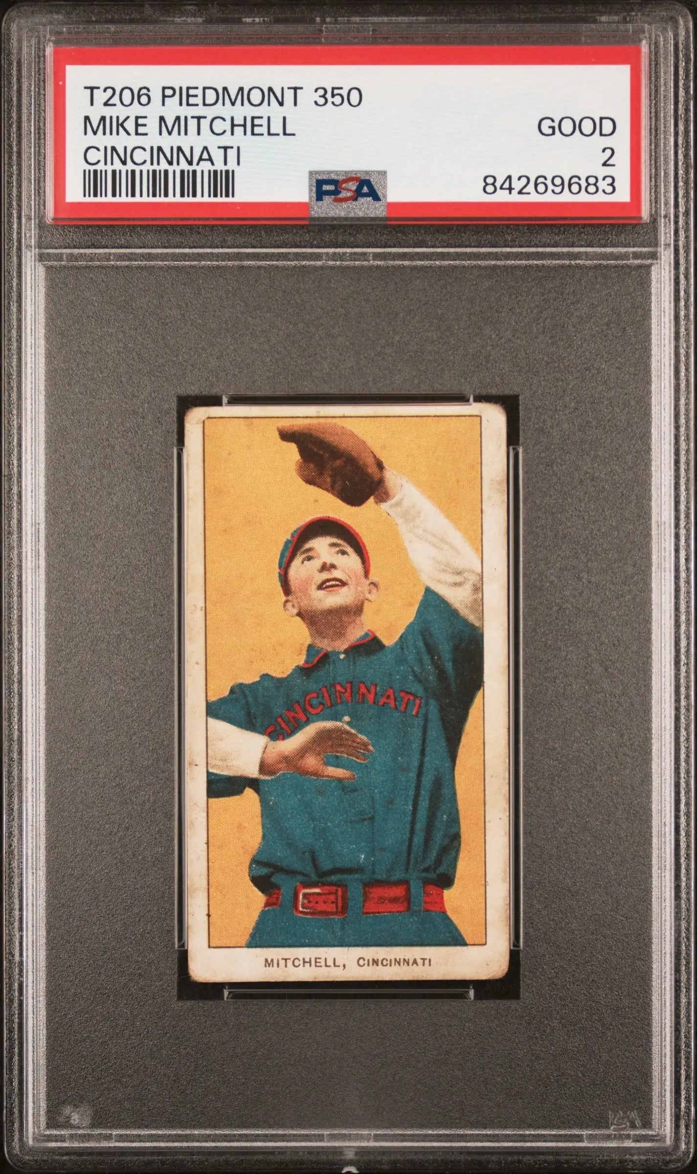 Mike Mitchell T206 Piedmont 350 Cincinnati baseball card with player in green uniform