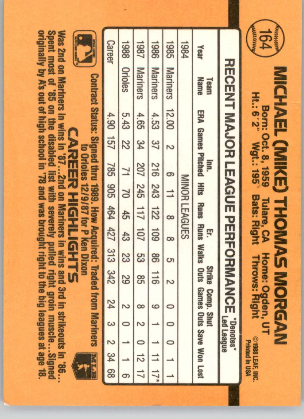 Mike Morgan - 1989 Donruss - #164 - Baseball - Baseball Card Single