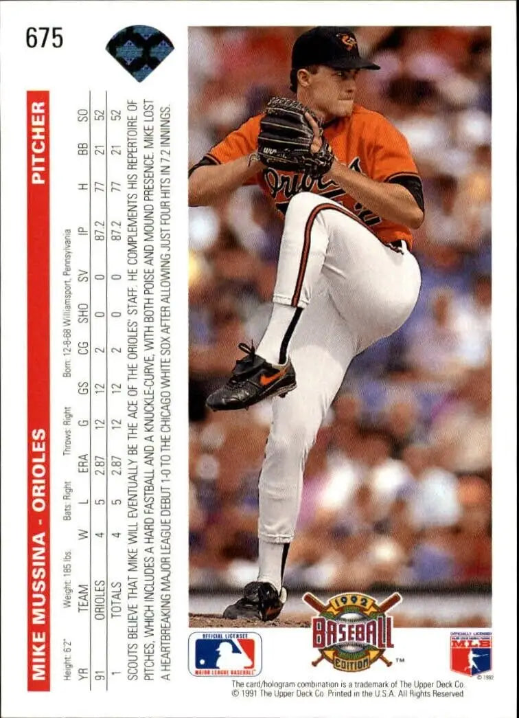 Mike Mussina 1992 Upper Deck MLB #675 Baseball Card Baltimore Orioles