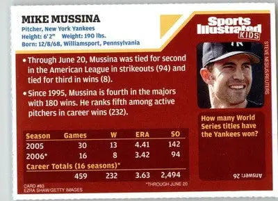 Mike Mussina - 2006 Sports Illustrated for Kids - NM - #83 - Baseball Card Single