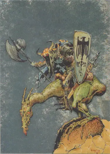 Fantastical dragon-rider hybrid on rocky outcrop from Mike Ploog’s Metallic Storm Chase Card