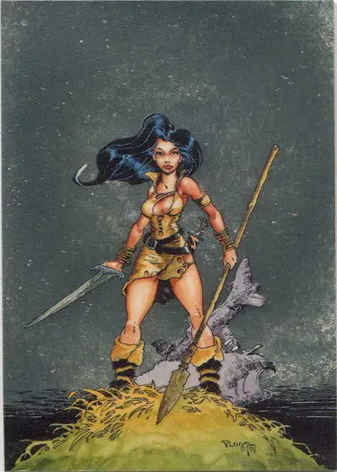 Warrior woman with blue hair and spear in Metallic Storm Chase Card illustration