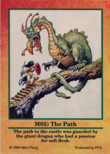 Green dragon with horns confronting tiny knight on ladder in Metallic Storm Chase Card