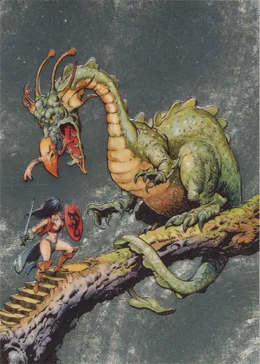 Fierce multi-headed dragon vs warrior on log from Metallic Storm Chase Card MS5