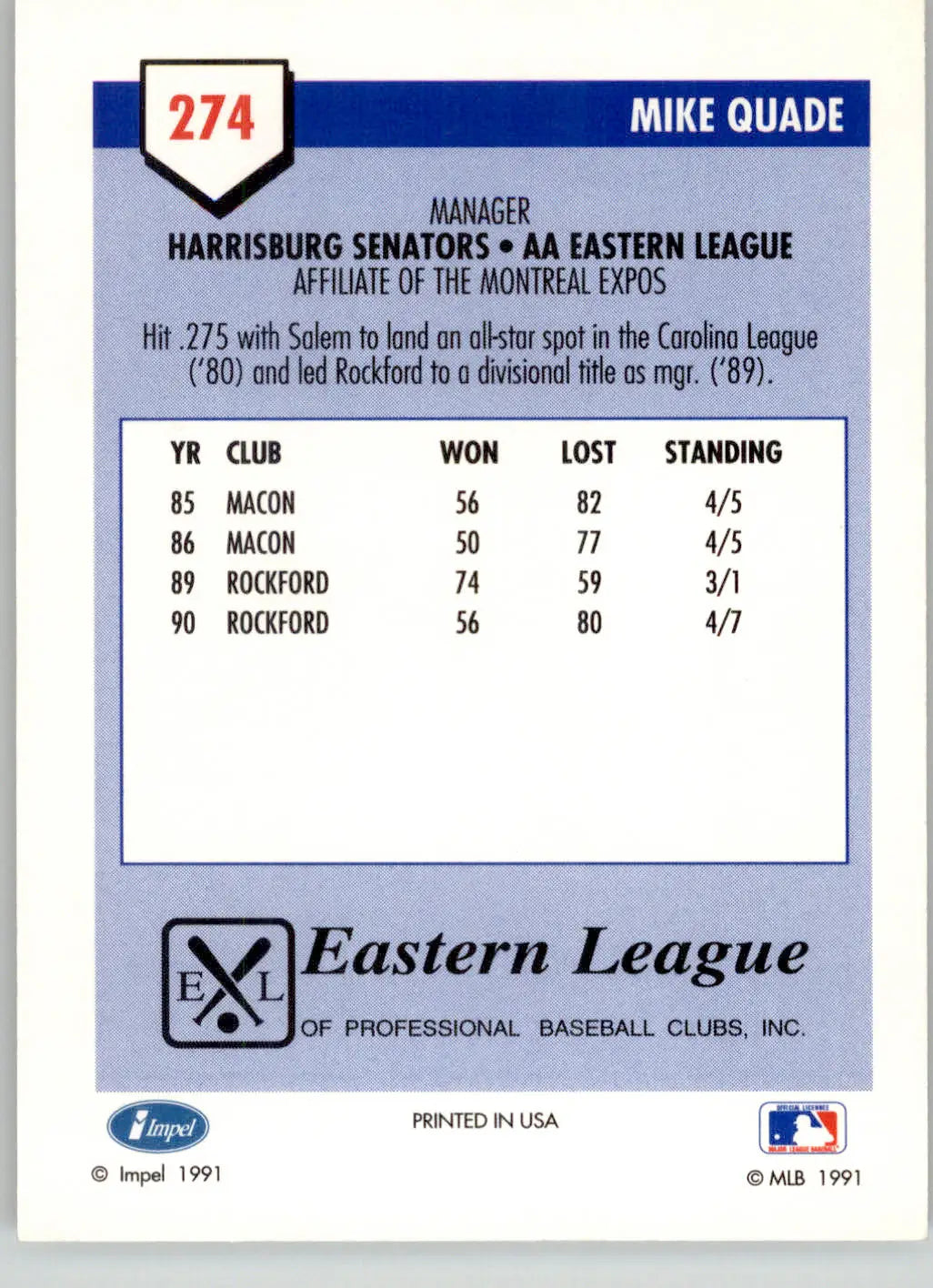 Mike Quade - 1991 Line Drive AA - #274 - Baseball - Baseball Card Single