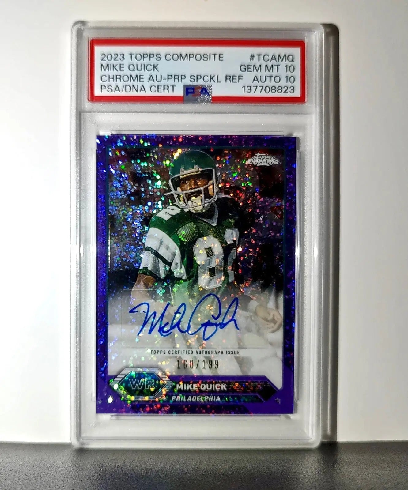 Mike Quick 2023 Topps Purple Speckle Refractor 168/199 PSA 10 Auto 10 - Football Card Single